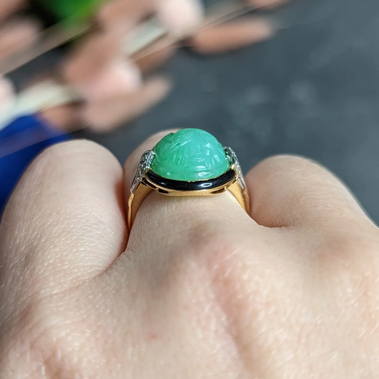 Felger Art Deco Diamond Jade Enamel Platinum 18 Karat Yellow Gold Ring