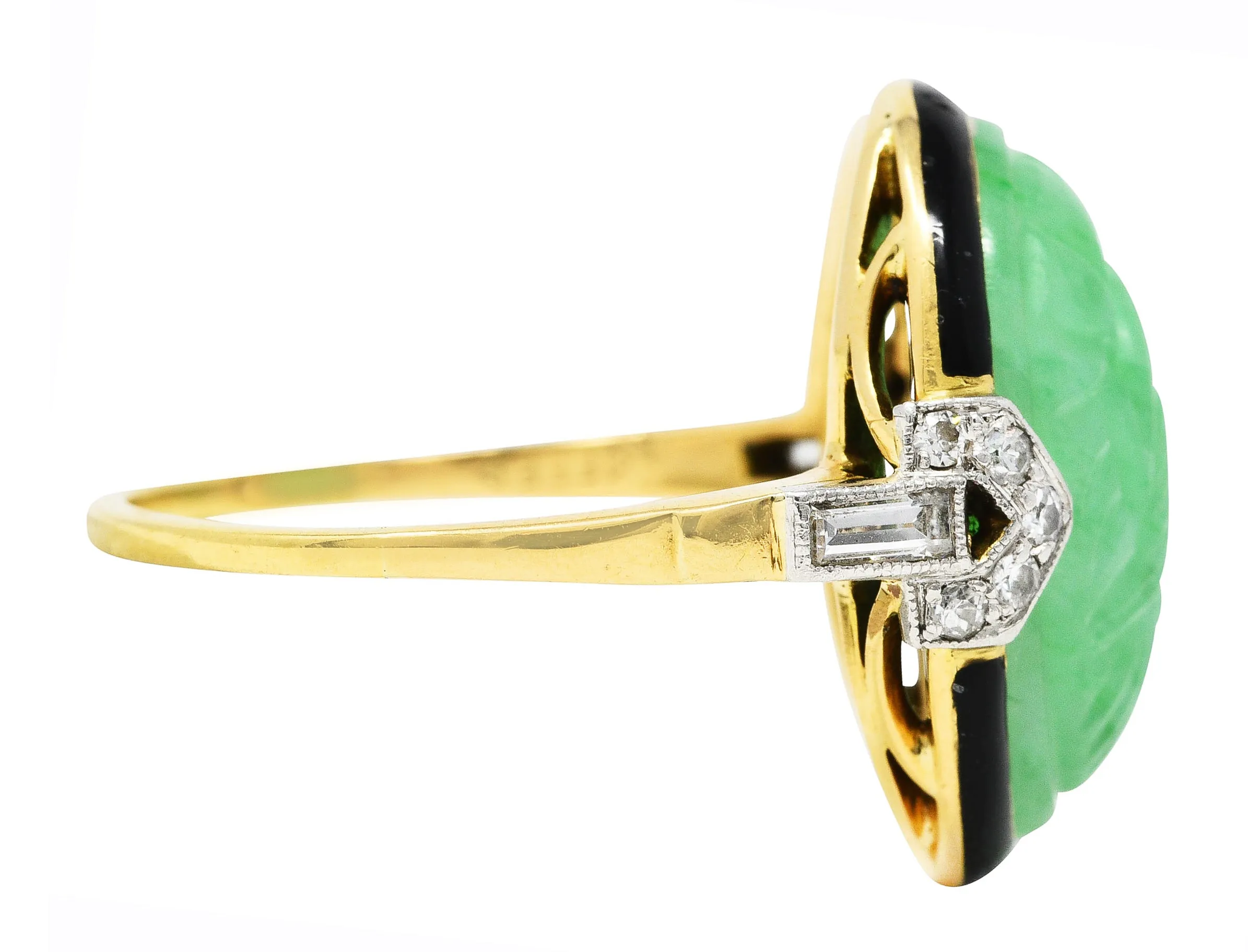 Felger Art Deco Diamond Jade Enamel Platinum 18 Karat Yellow Gold Ring