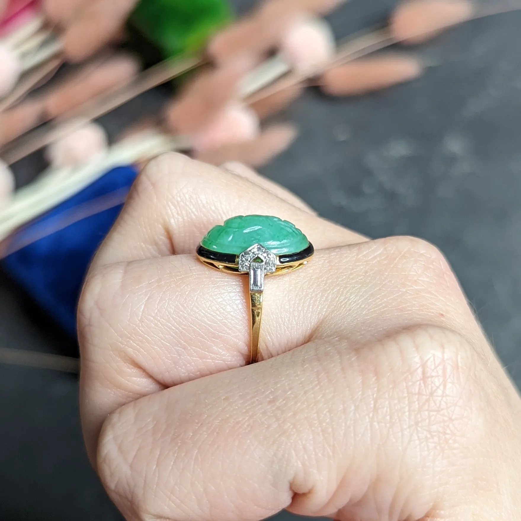 Felger Art Deco Diamond Jade Enamel Platinum 18 Karat Yellow Gold Ring