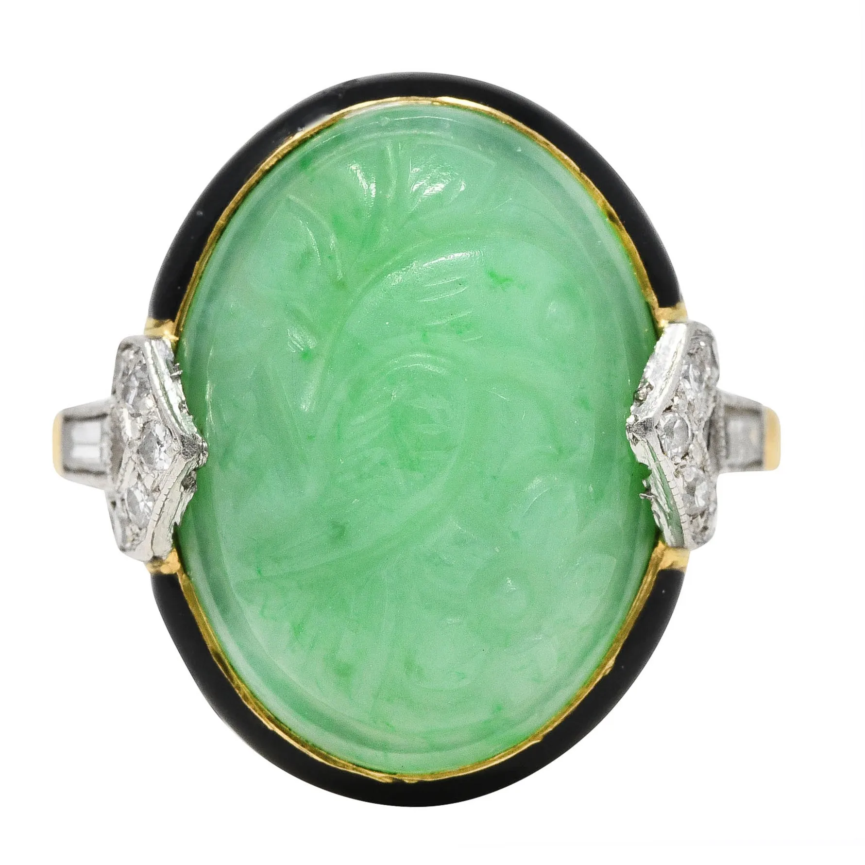 Felger Art Deco Diamond Jade Enamel Platinum 18 Karat Yellow Gold Ring