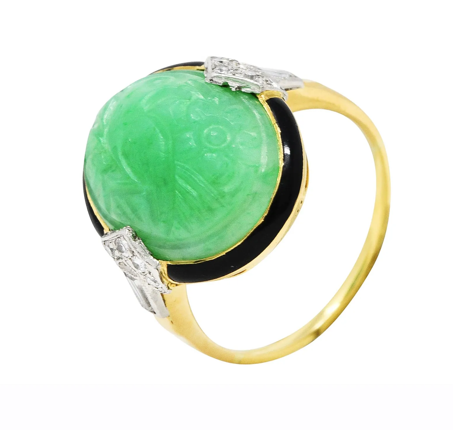 Felger Art Deco Diamond Jade Enamel Platinum 18 Karat Yellow Gold Ring