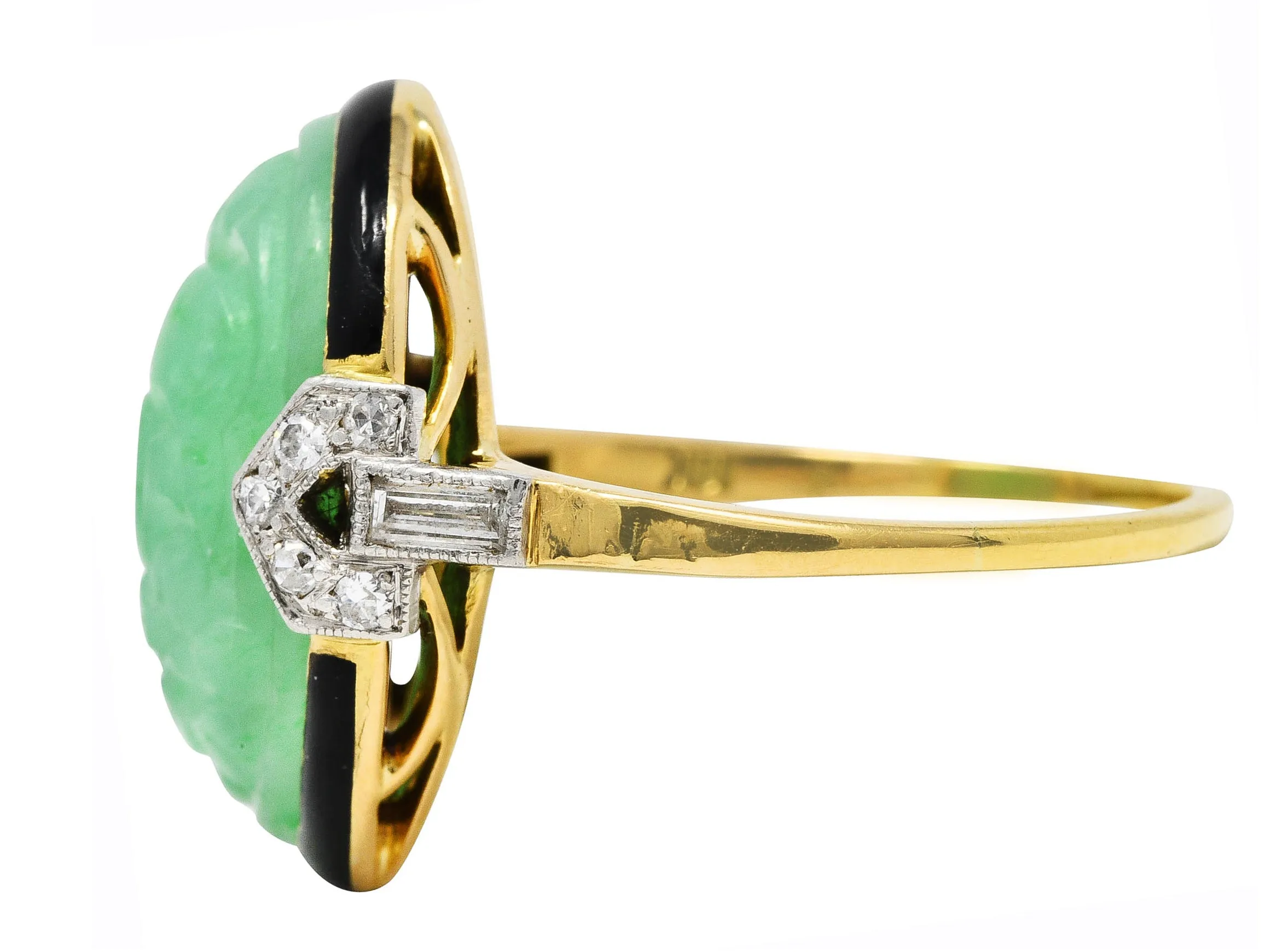Felger Art Deco Diamond Jade Enamel Platinum 18 Karat Yellow Gold Ring