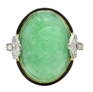 Felger Art Deco Diamond Jade Enamel Platinum 18 Karat Yellow Gold Ring