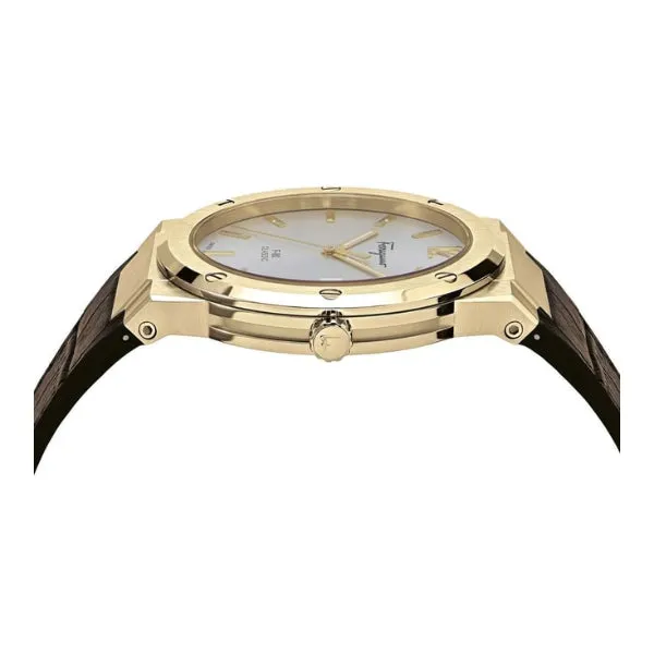 Ferragamo F-80 Classic Brown Leather Strap Silver Dial Quartz Watch For Gents - Sfdt00419
