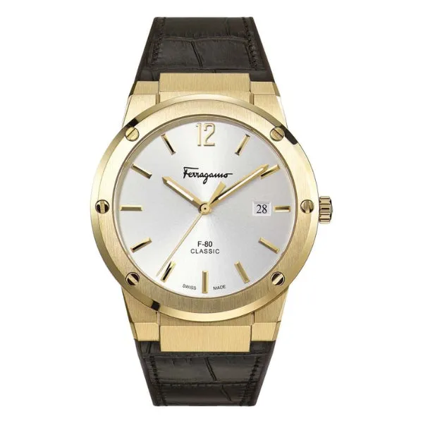 Ferragamo F-80 Classic Brown Leather Strap Silver Dial Quartz Watch For Gents - Sfdt00419