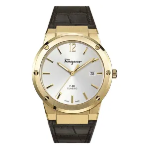 Ferragamo F-80 Classic Brown Leather Strap Silver Dial Quartz Watch For Gents - Sfdt00419