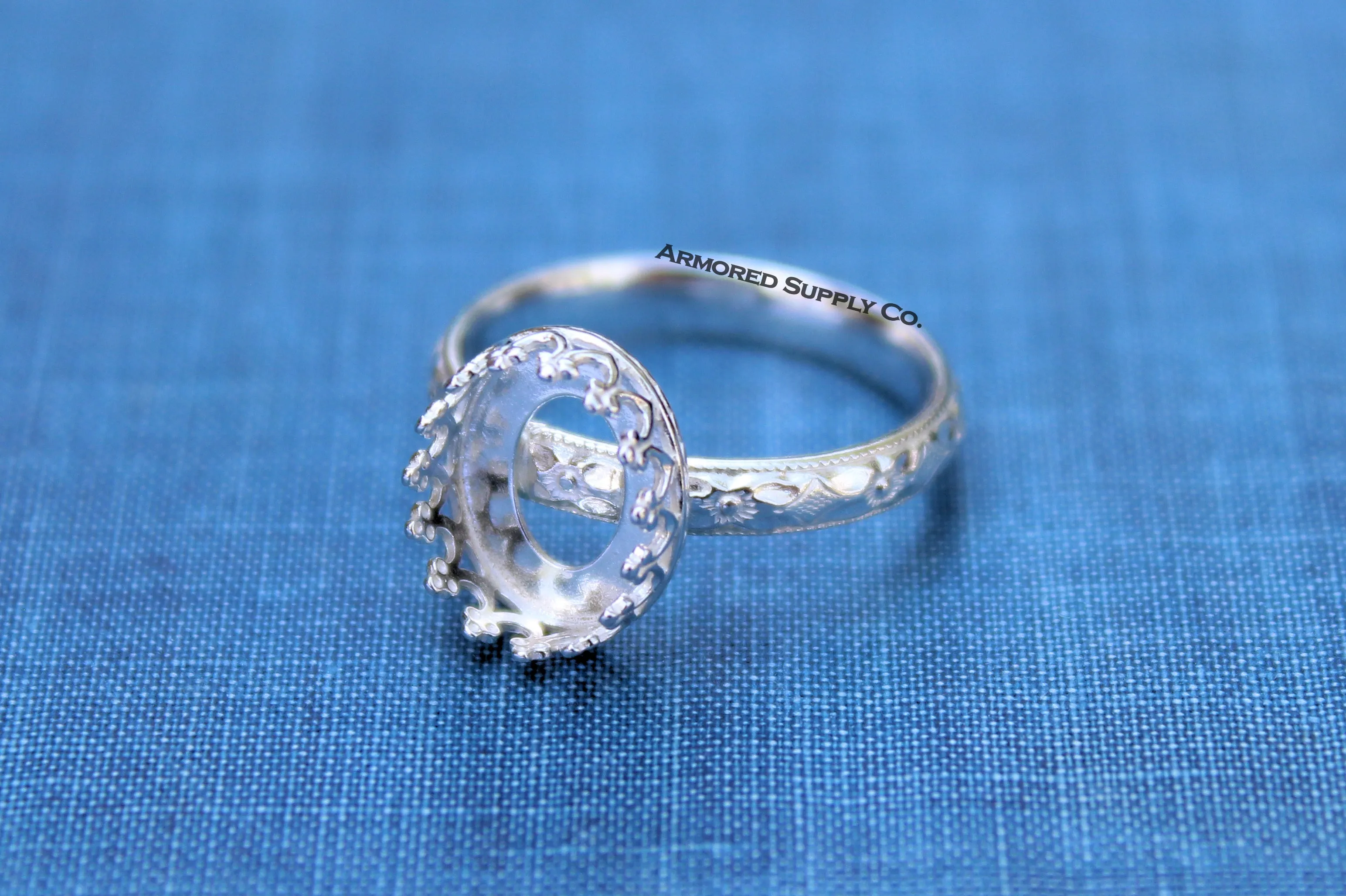Floral #1 Crown Oval Bezel Ring blank Silver