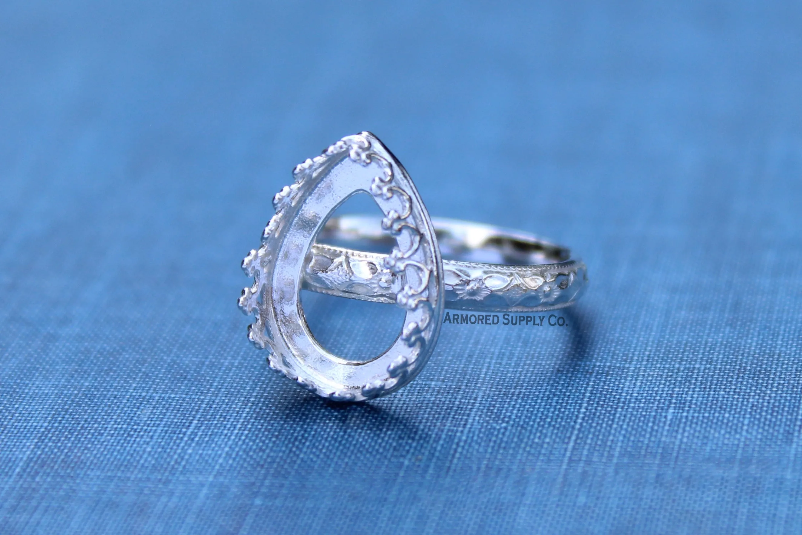 Floral #1 Crown Pear Bezel Cup Ring blank Silver