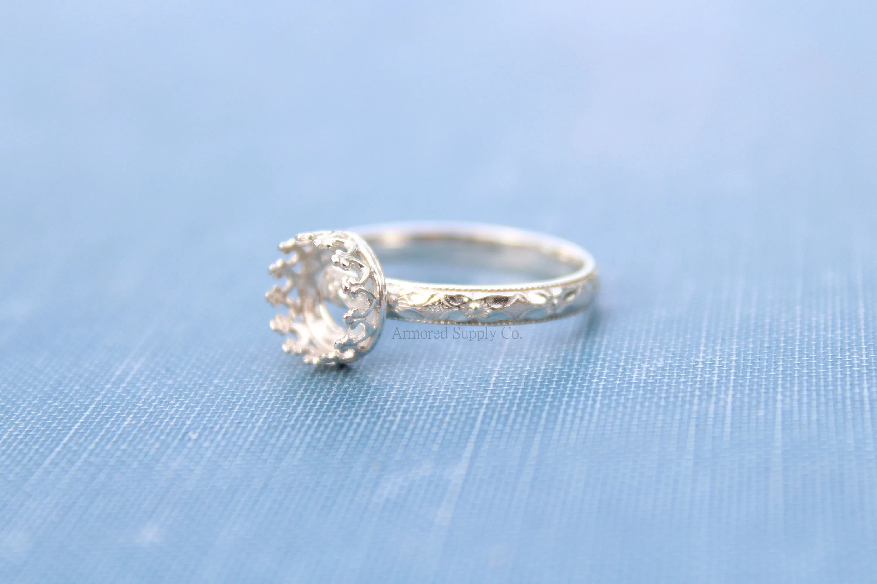 Floral #1 Crown Round Bezel Ring blank Silver