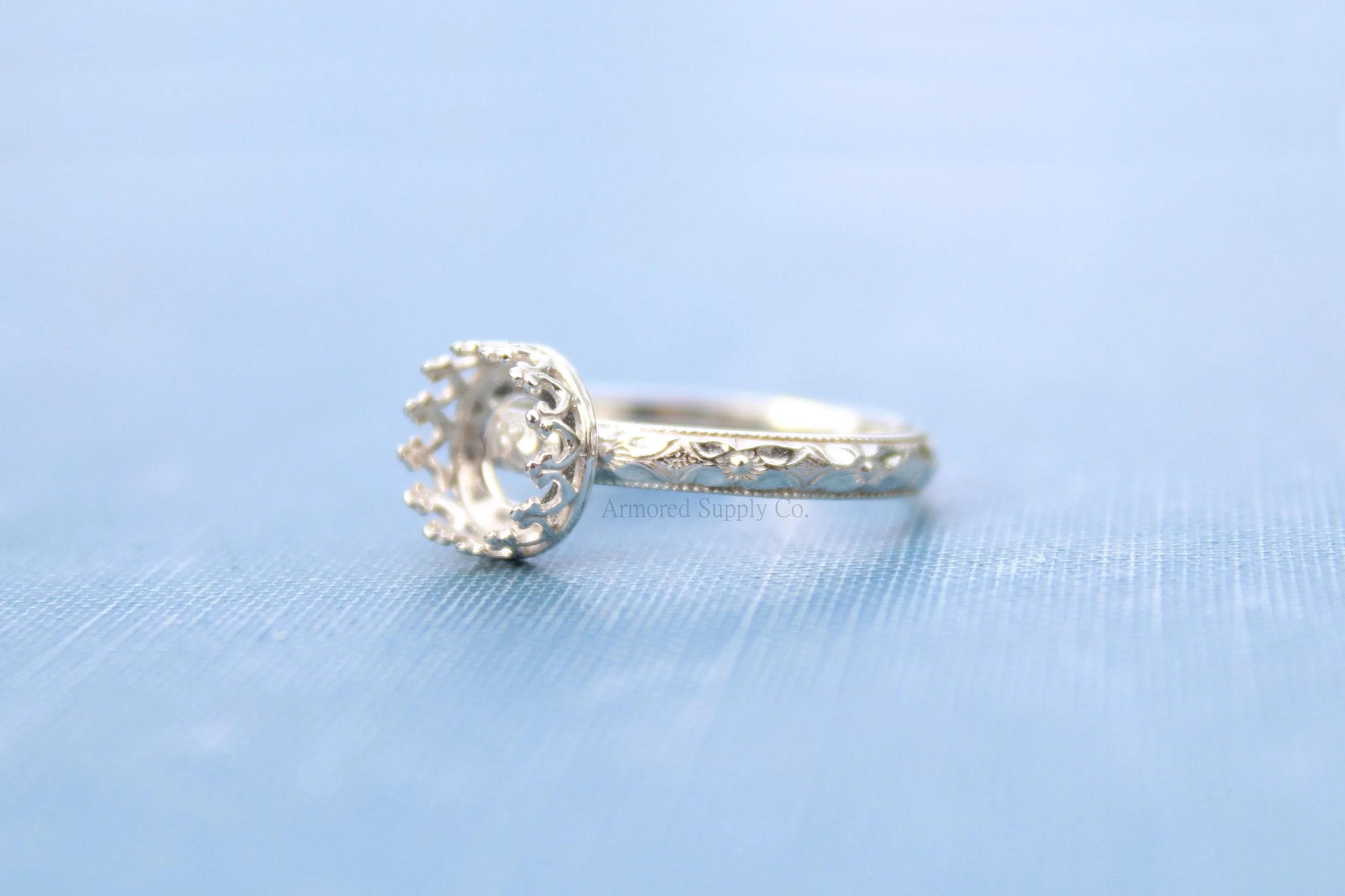 Floral #1 Crown Round Bezel Ring blank Silver