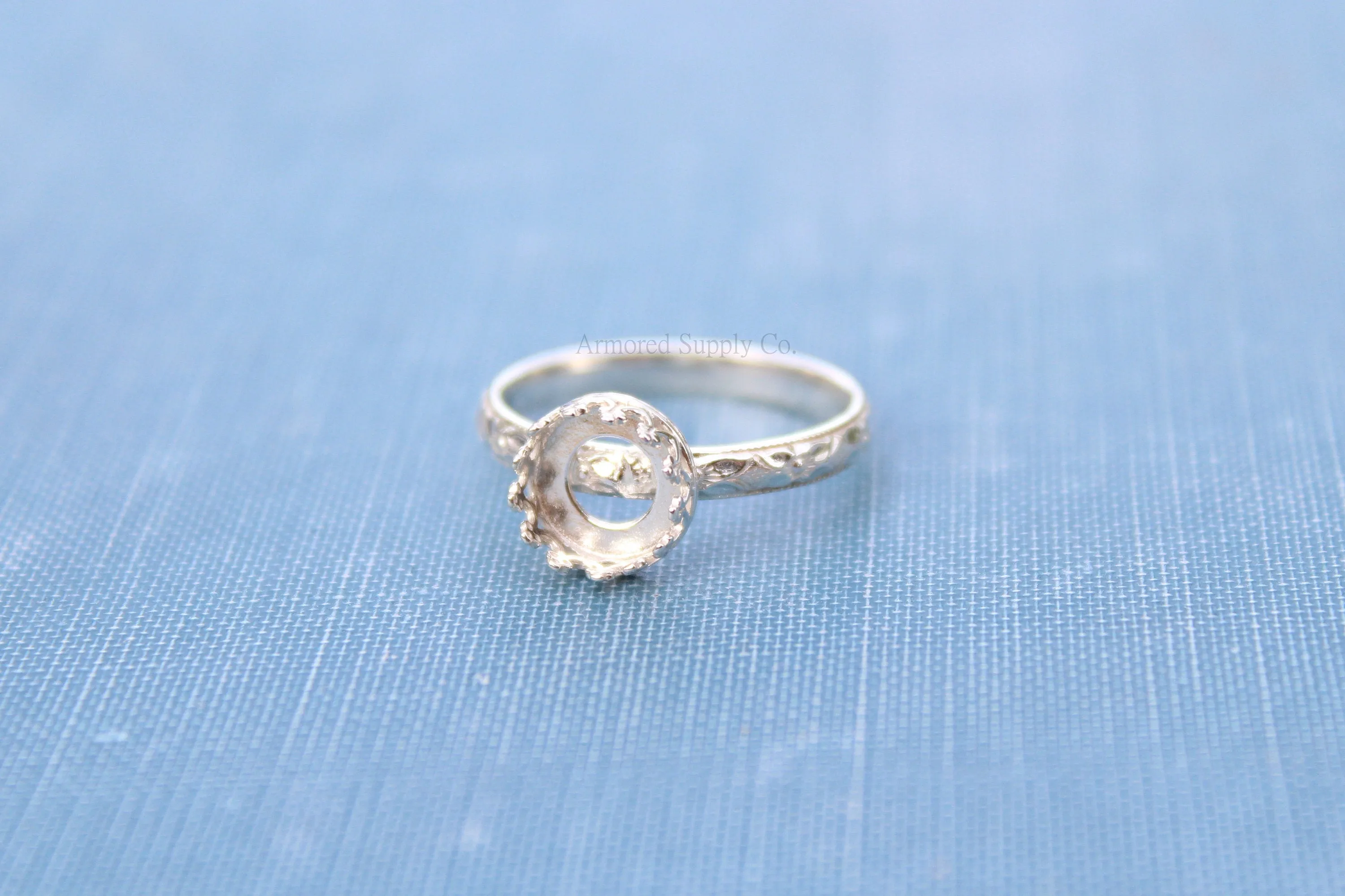 Floral #1 Crown Round Bezel Ring blank Silver
