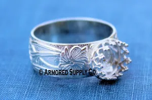 Floral #3 crown round Bezel Cup Ring blank Silver