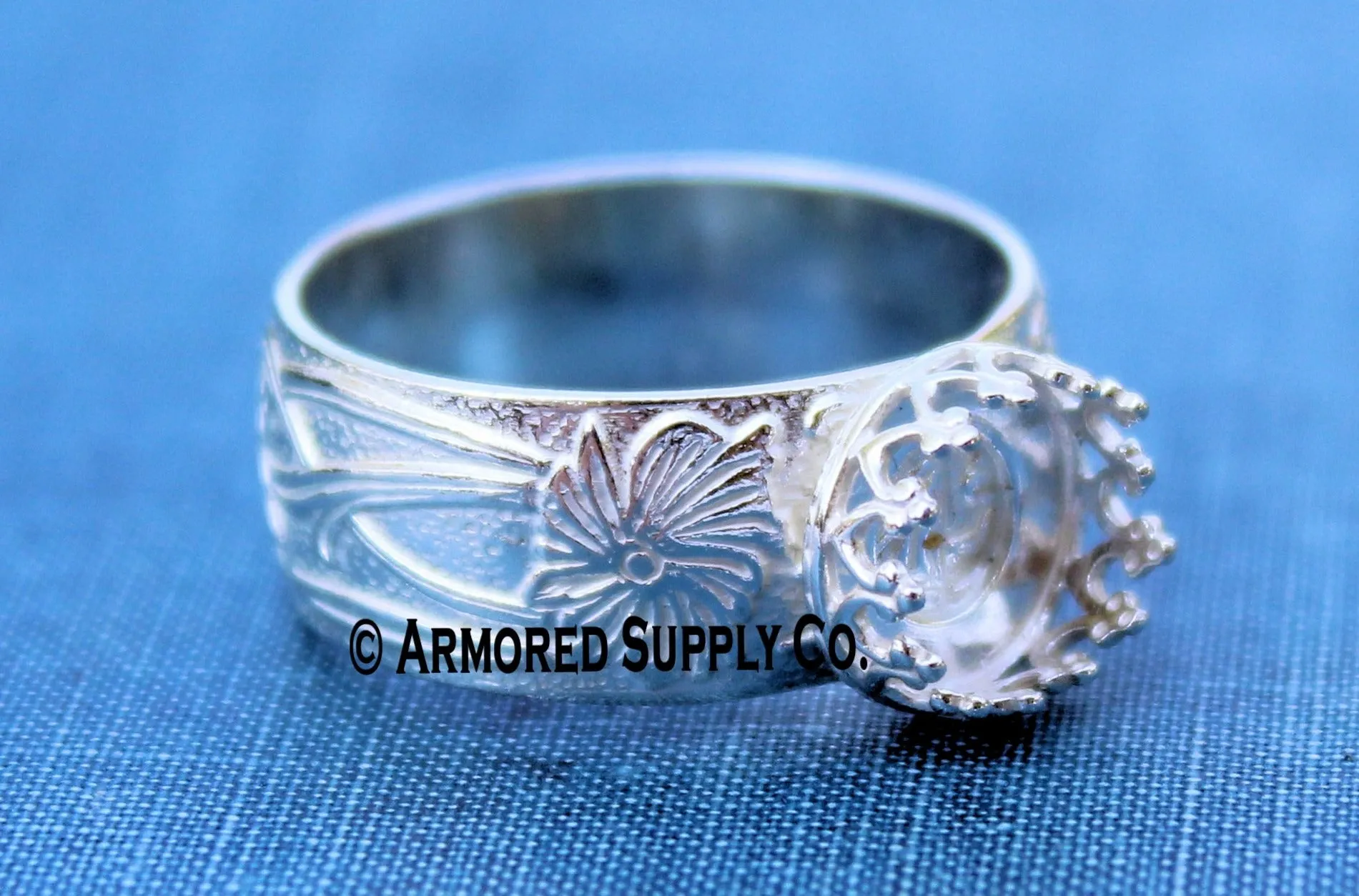 Floral #3 crown round Bezel Cup Ring blank Silver