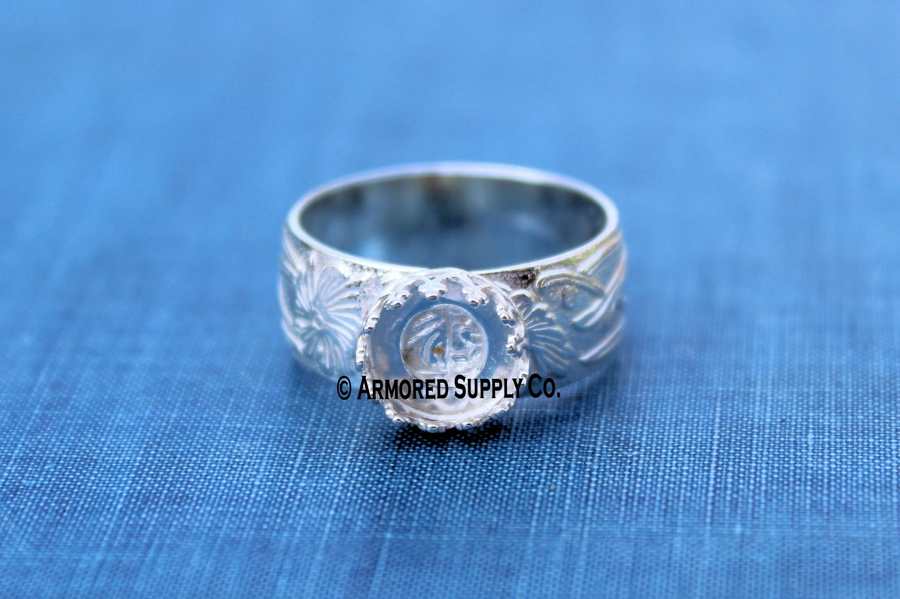 Floral #3 crown round Bezel Cup Ring blank Silver