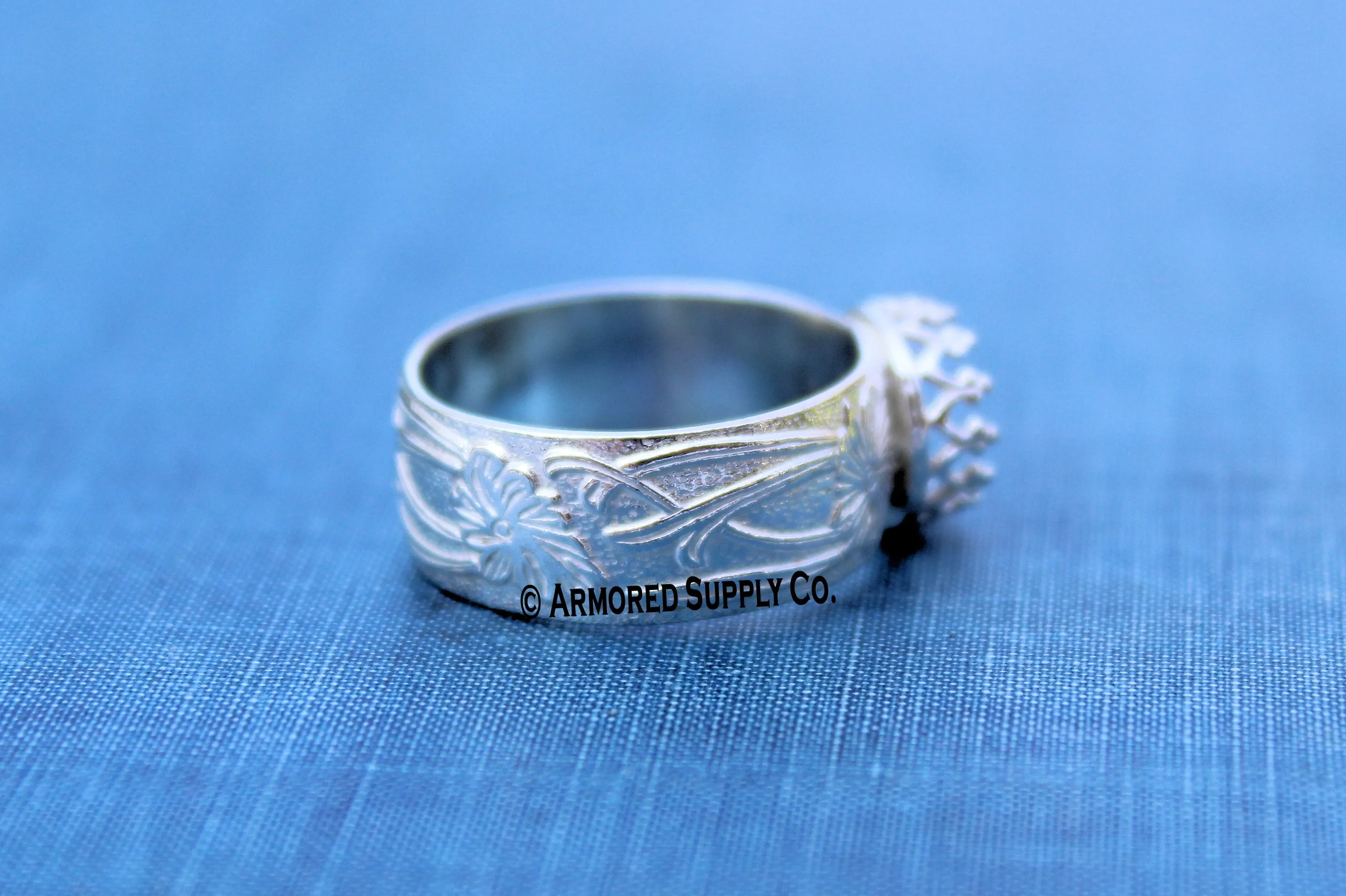 Floral #3 crown round Bezel Cup Ring blank Silver