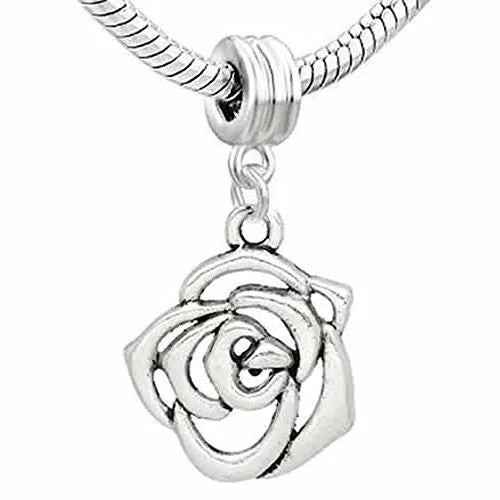 Flower Rose Charm Dangle European Bead Compatible for Most European Snake Chain Bracelet
