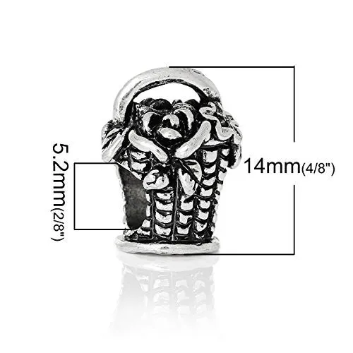 Flowers Basket Charm Bead Silver Tone