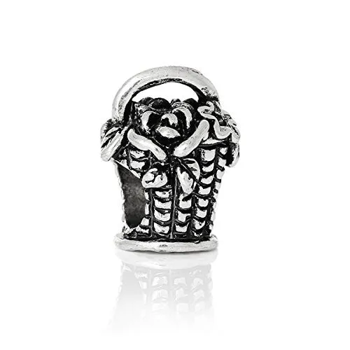 Flowers Basket Charm Bead Silver Tone