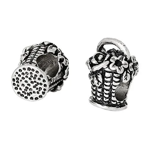 Flowers Basket Charm Bead Silver Tone
