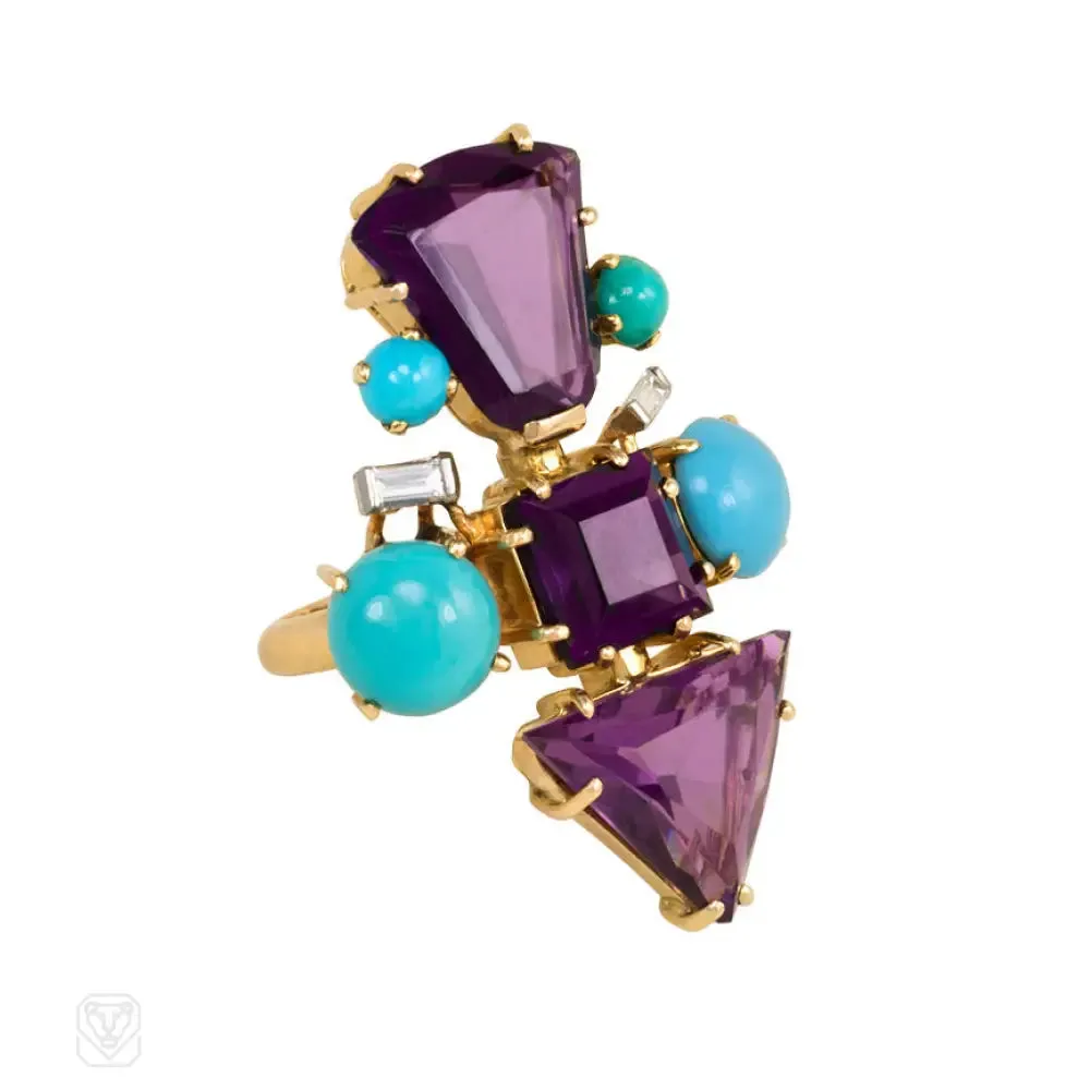 French mid-century amethyst, turquoise and diamond cocktail ring