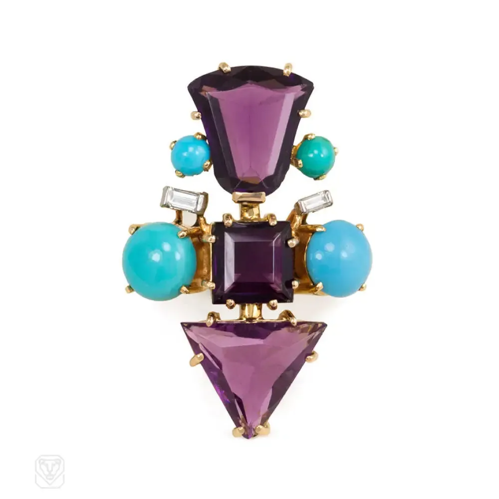 French mid-century amethyst, turquoise and diamond cocktail ring