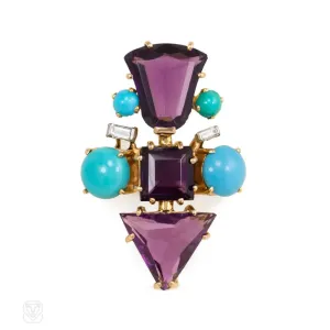 French mid-century amethyst, turquoise and diamond cocktail ring