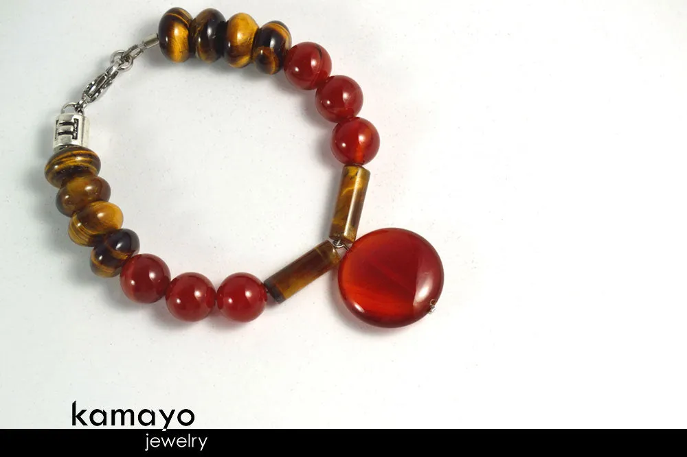 GEMINI BRACELET - Red Agate Pendant and Tiger Eye Beads