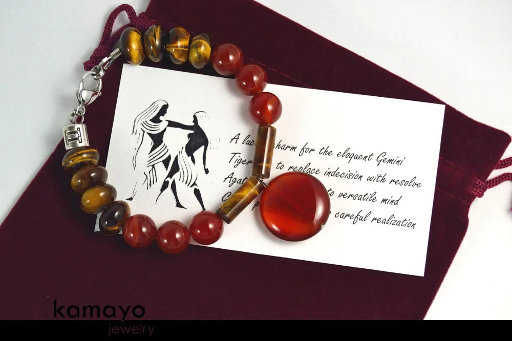 GEMINI BRACELET - Red Agate Pendant and Tiger Eye Beads