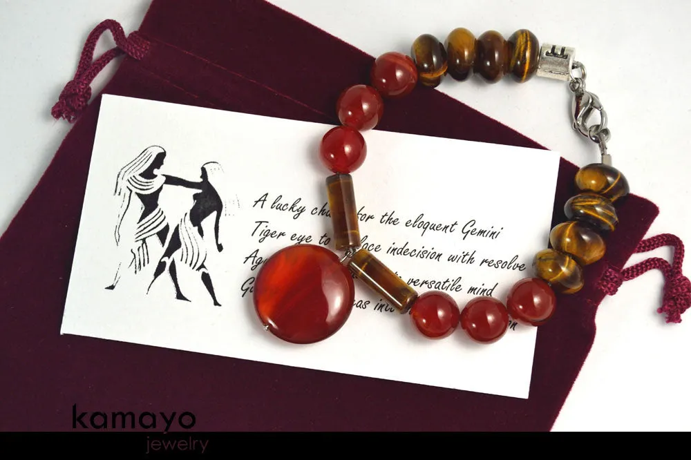 GEMINI BRACELET - Red Agate Pendant and Tiger Eye Beads
