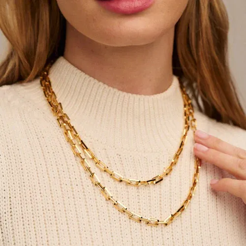 Geo Rectangular Link Long Necklace With Clip Fastening - Gold