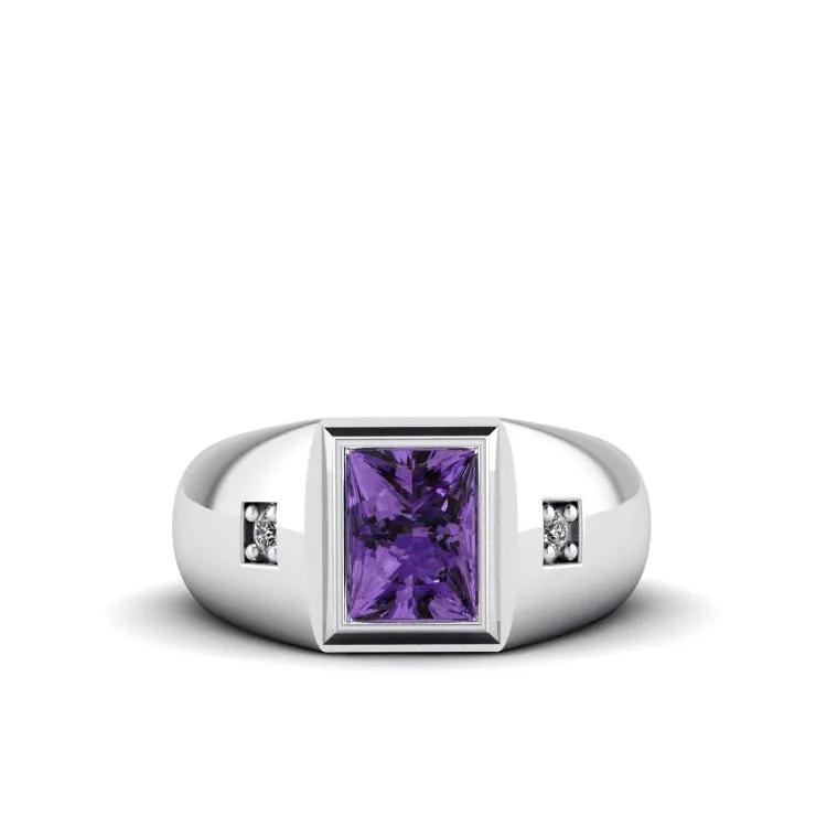 Geometric 2.40ct Amethyst Princess Cut AAA Gemstone Men's White Gold Ring with Diamonds Anniversary Gift