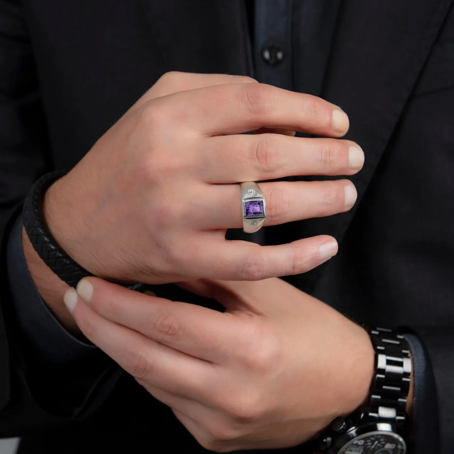 Geometric 2.40ct Amethyst Princess Cut AAA Gemstone Men's White Gold Ring with Diamonds Anniversary Gift