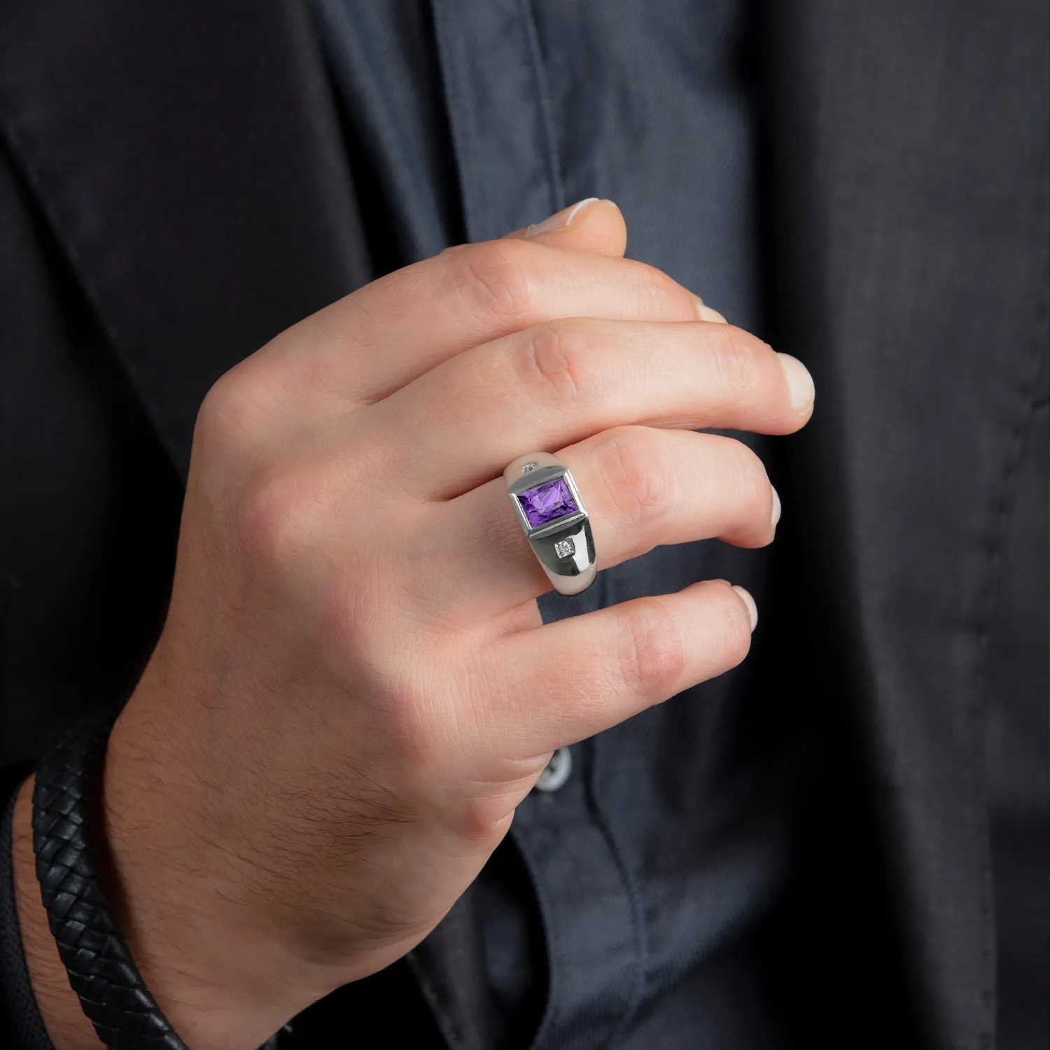 Geometric 2.40ct Amethyst Princess Cut AAA Gemstone Men's White Gold Ring with Diamonds Anniversary Gift