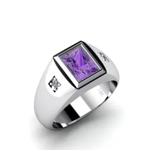 Geometric 2.40ct Amethyst Princess Cut AAA Gemstone Men's White Gold Ring with Diamonds Anniversary Gift