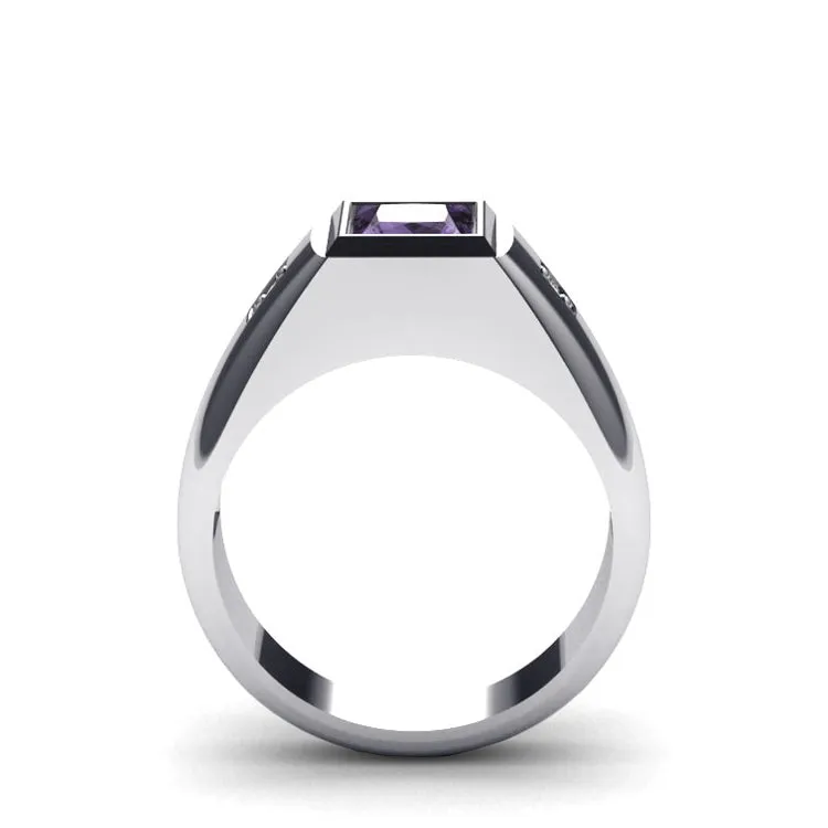 Geometric 2.40ct Amethyst Princess Cut AAA Gemstone Men's White Gold Ring with Diamonds Anniversary Gift