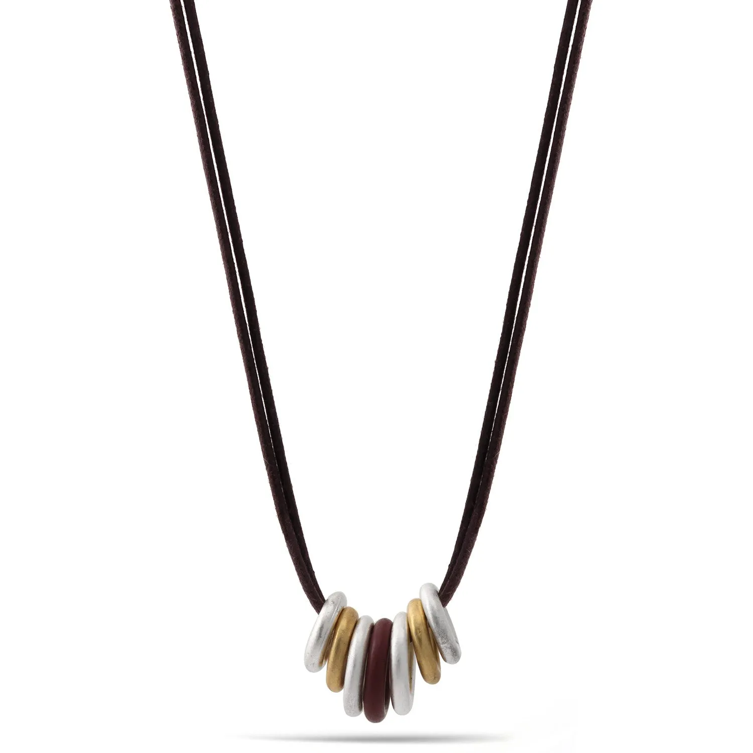 GOLD AND SILVER ROUND RING PENDANT BROWN CORD  NECKLACE #FW-NSN2593 (XE10)