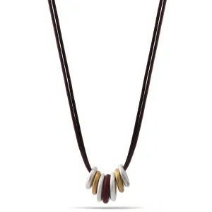GOLD AND SILVER ROUND RING PENDANT BROWN CORD  NECKLACE #FW-NSN2593 (XE10)