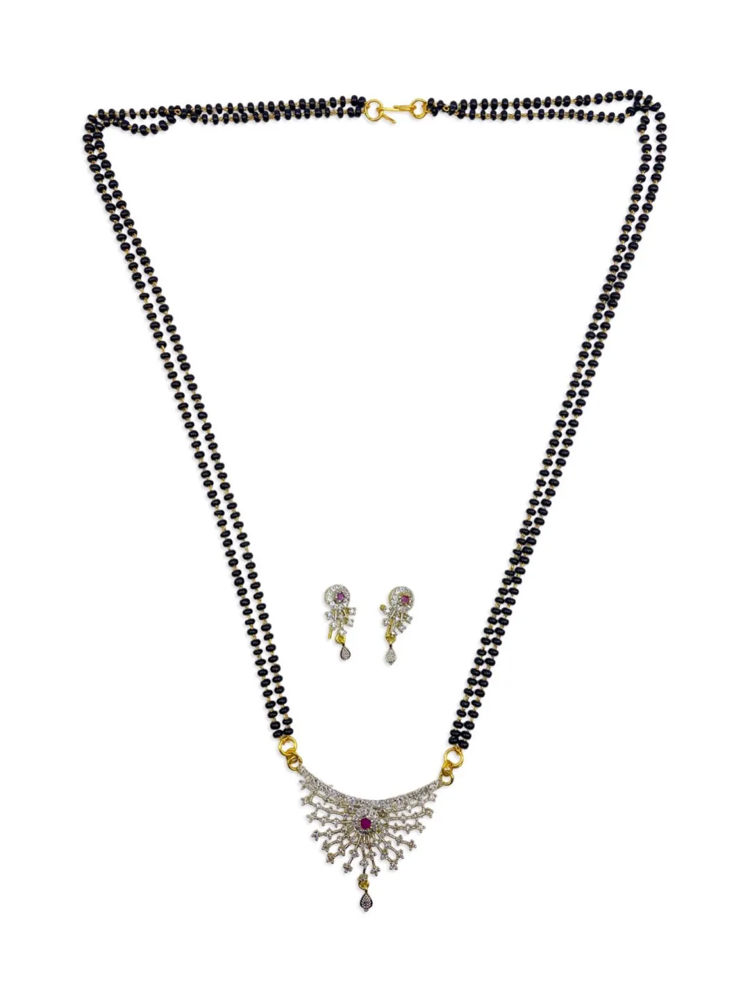 Gold Artificial Long Diamond Mangalsutra With Earrings Simple Trendy 2 Line Black Beads Chain