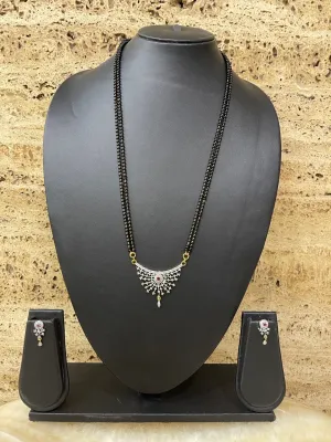 Gold Artificial Long Diamond Mangalsutra With Earrings Simple Trendy 2 Line Black Beads Chain