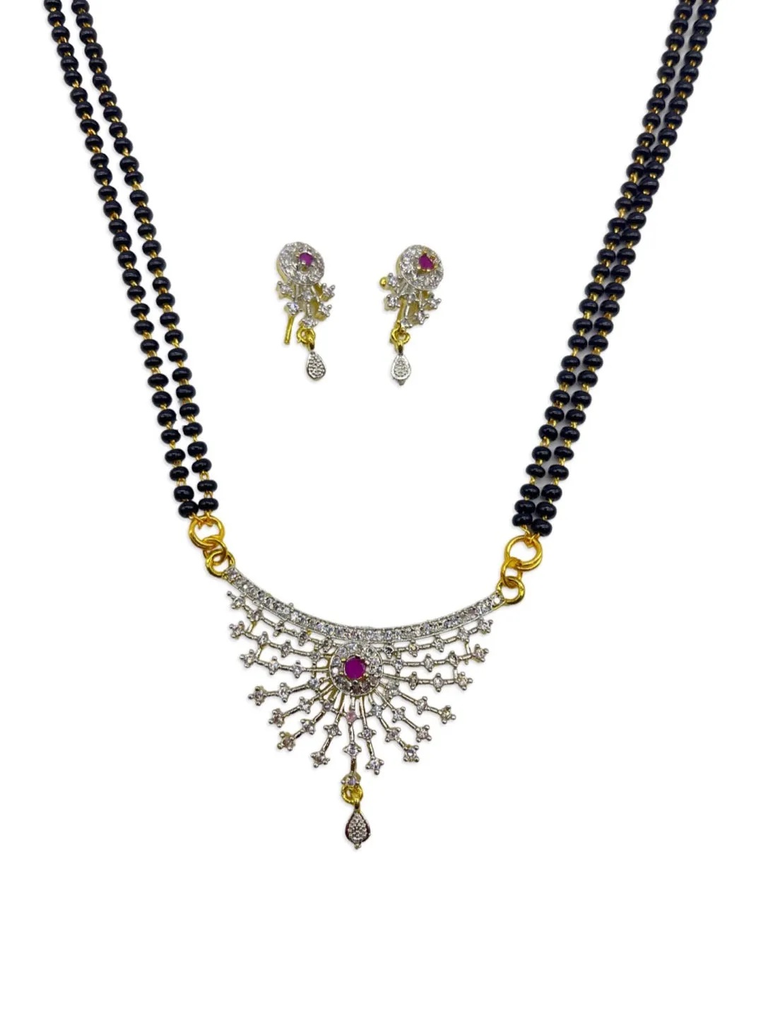 Gold Artificial Long Diamond Mangalsutra With Earrings Simple Trendy 2 Line Black Beads Chain