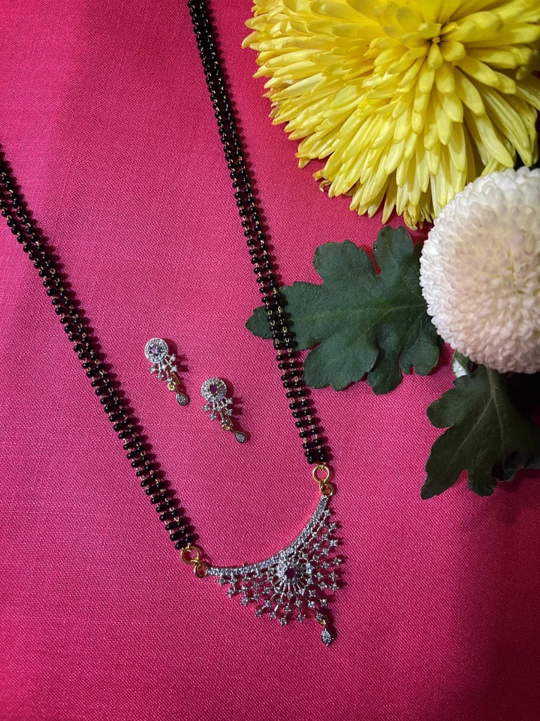 Gold Artificial Long Diamond Mangalsutra With Earrings Simple Trendy 2 Line Black Beads Chain