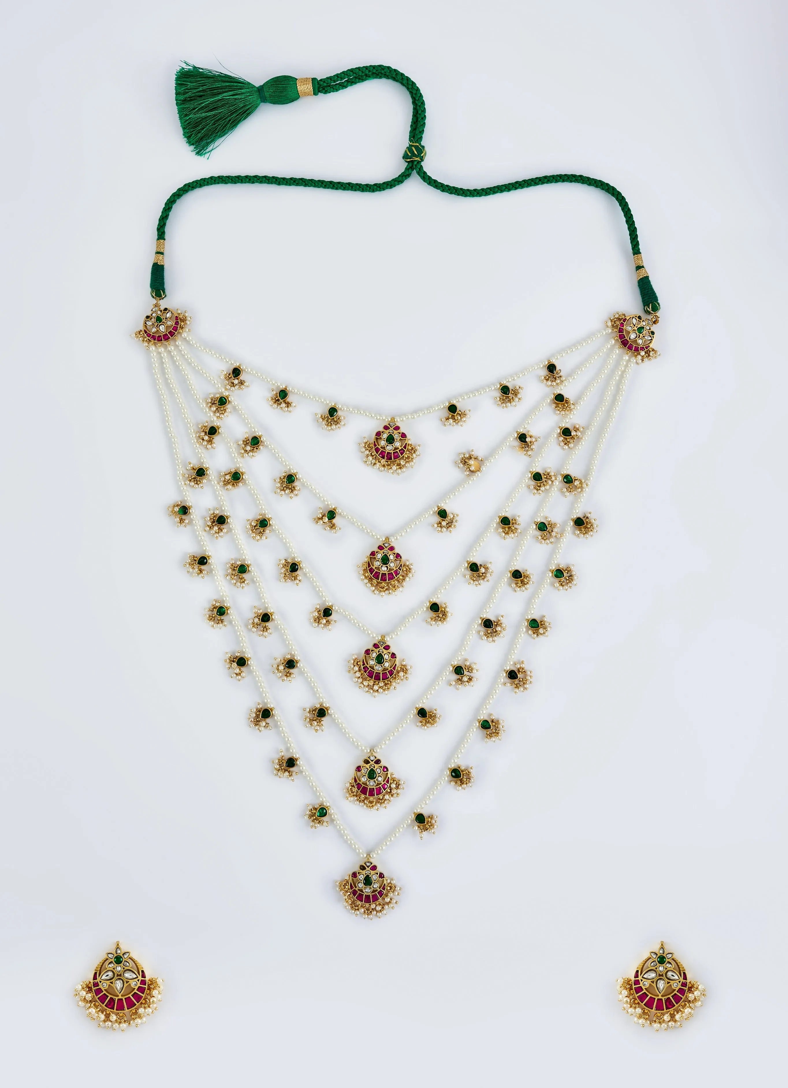 Gold Plated Multi Layered Kundan And Polki Long Necklace Set