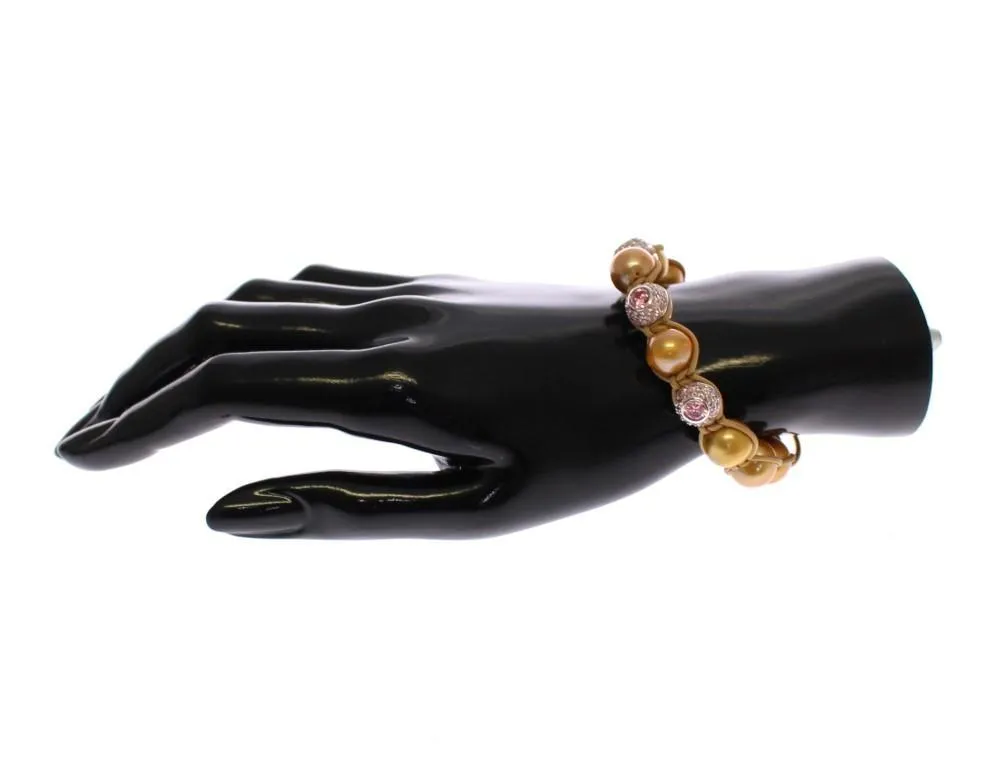 Gold Sea Pearls Pink CZ 925 Silver Bracelet