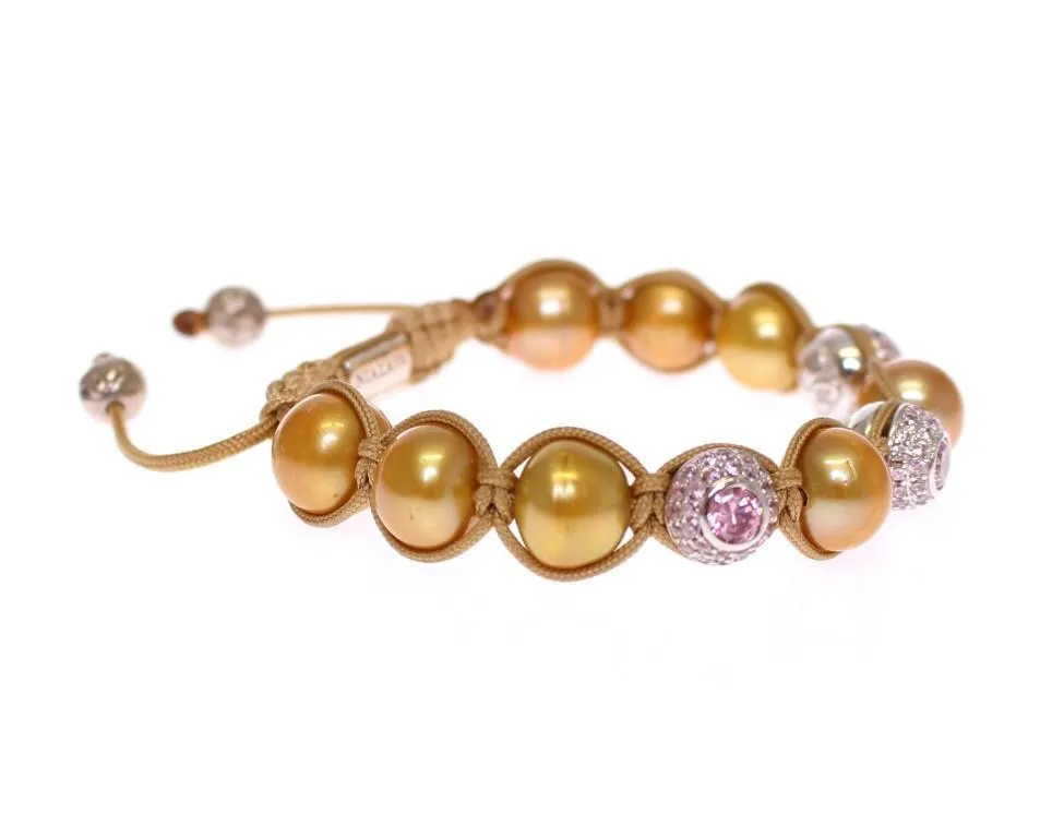 Gold Sea Pearls Pink CZ 925 Silver Bracelet