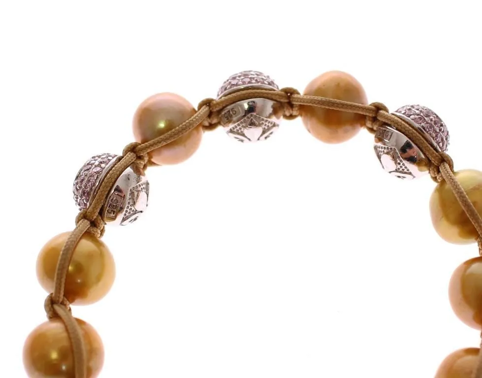 Gold Sea Pearls Pink CZ 925 Silver Bracelet