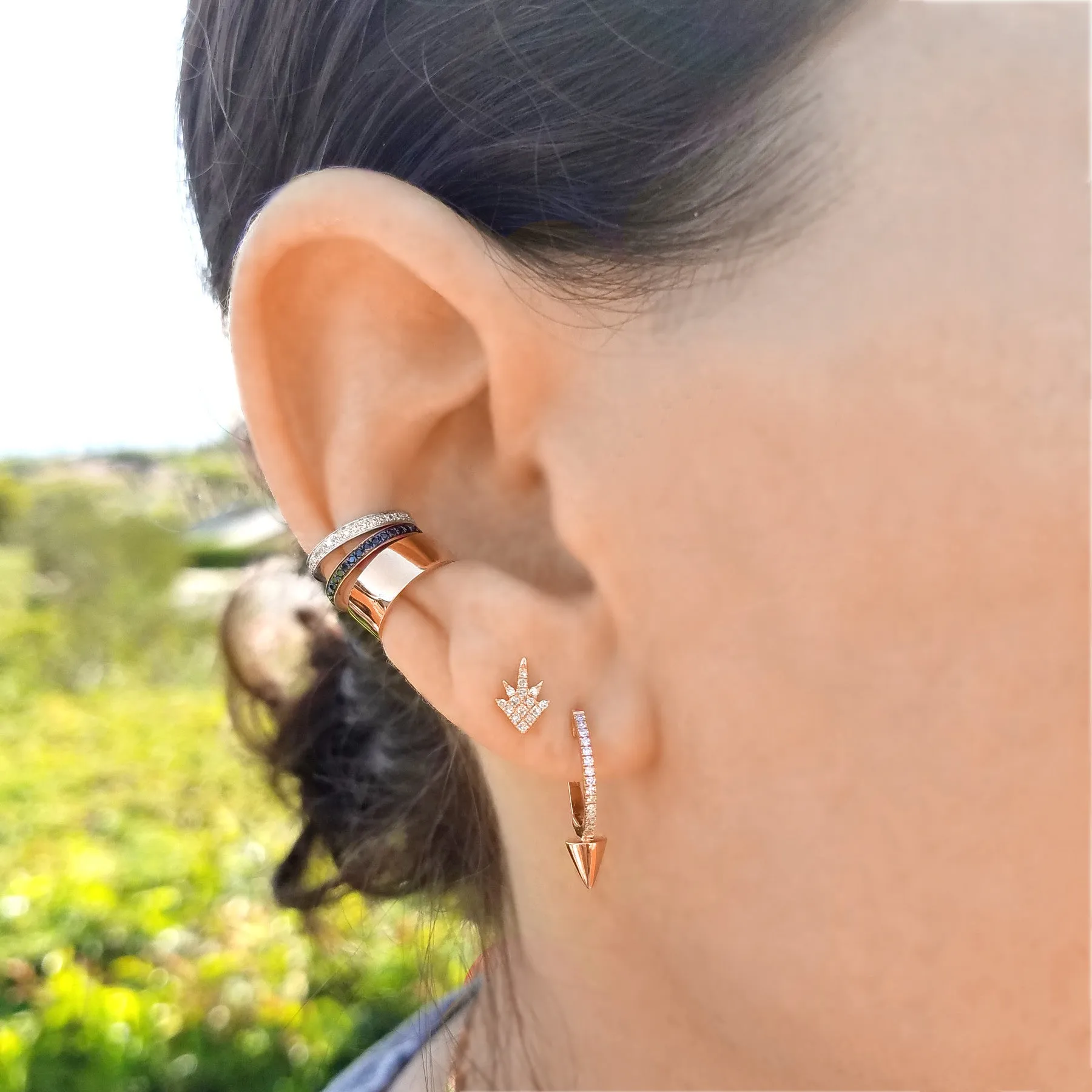 Gold Spike and Diamond Huggie Earrings