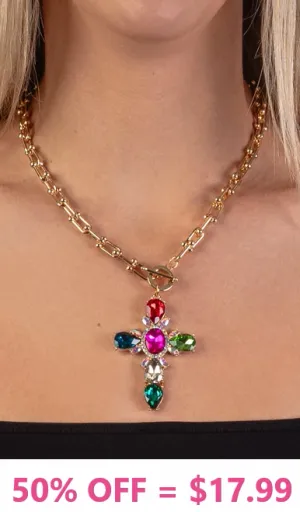 Gold Toggle Necklace with Bling Multi Color ornate cross pendant