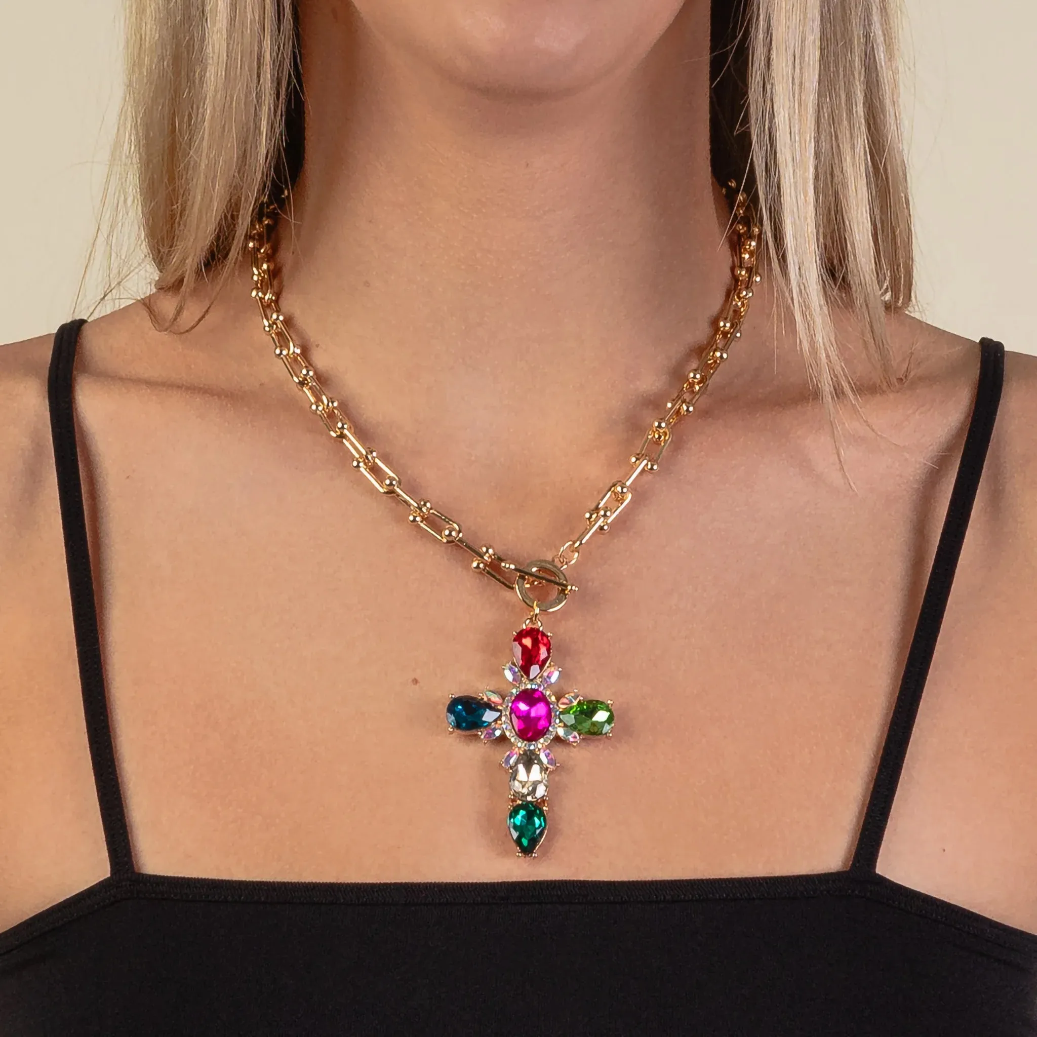 Gold Toggle Necklace with Bling Multi Color ornate cross pendant