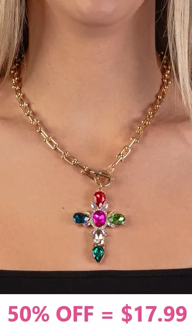 Gold Toggle Necklace with Bling Multi Color ornate cross pendant