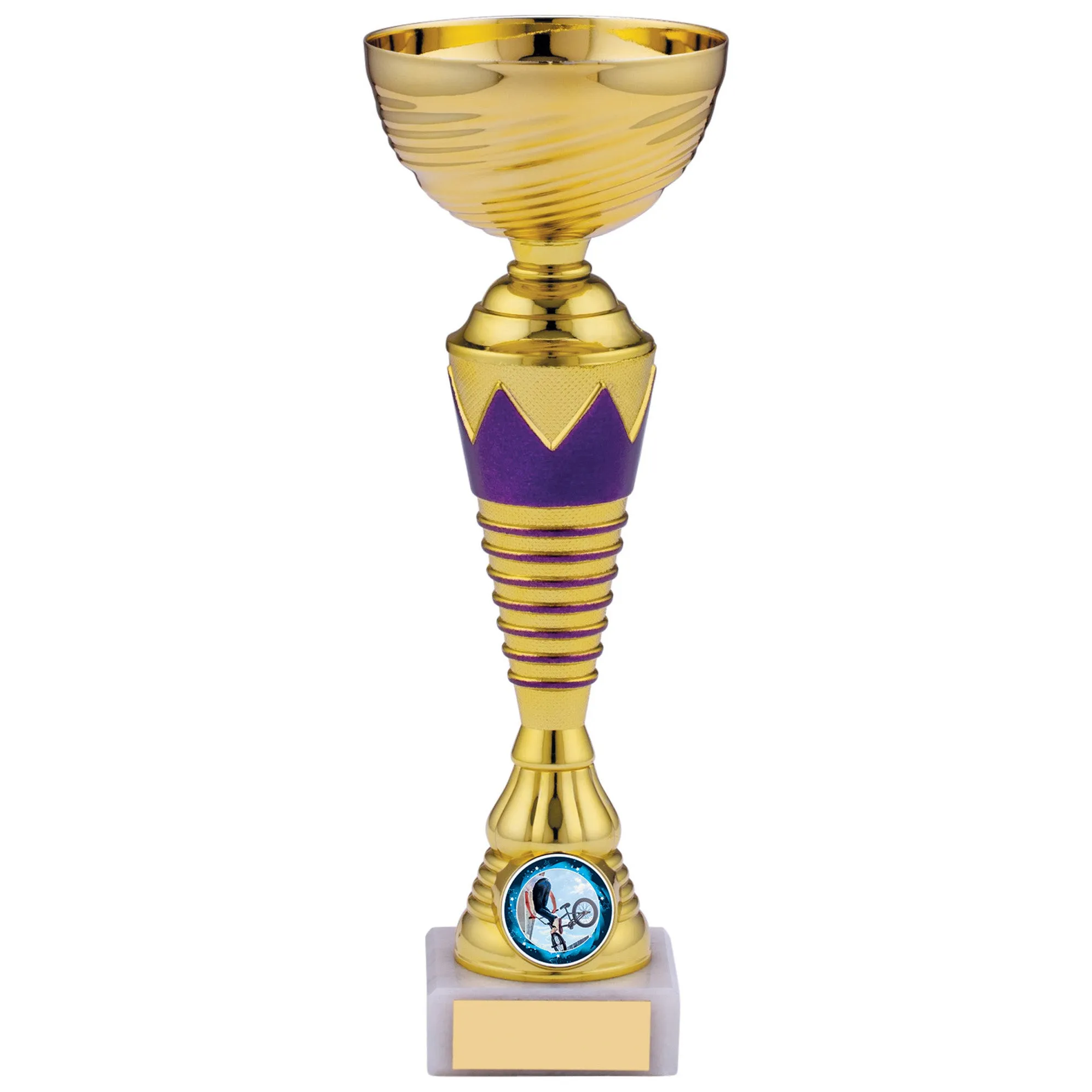 Gold Trophy Cup with Purple Crown and Rings Design